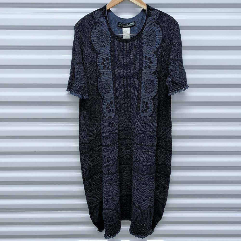M. & Kyoko Dress Size F Womens Navy Blue Floral Textured Knit Fringe Made Japan